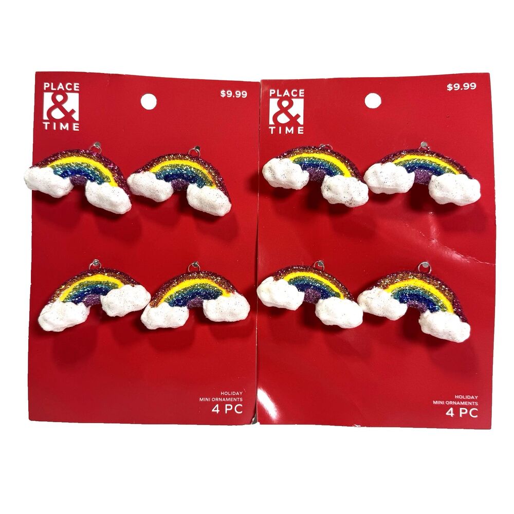 Lot of 2, 4 PC mini Christmas ornament 2.3" wide shatterproof rainbow & clouds